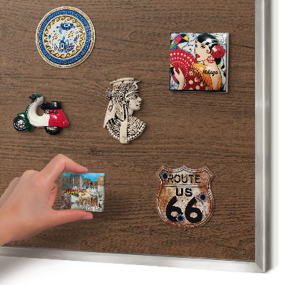 Souvenir magnet display board with a silver frame Wooden texture