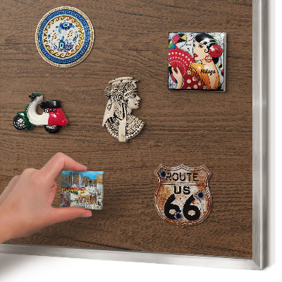 Souvenir magnet display board with a silver frame Wooden texture