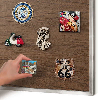Souvenir magnet display board with a silver frame Wooden texture