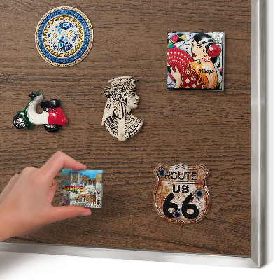 Souvenir magnet display board with a silver frame Wooden texture