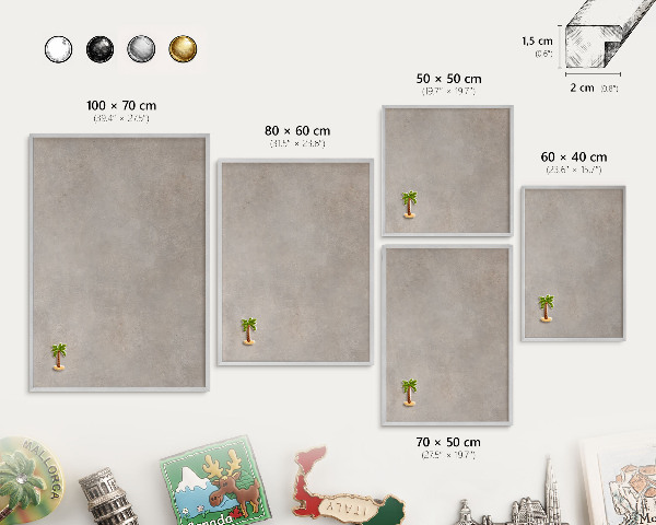 Souvenir magnet display board with a silver frame Neutral elegance