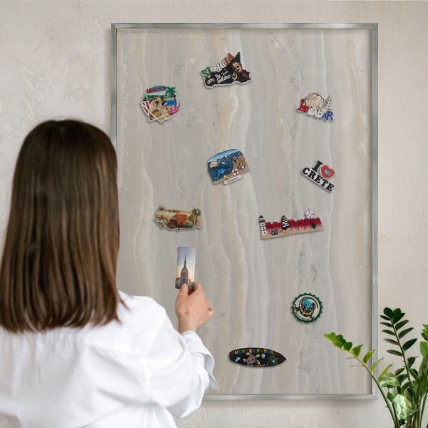 Printed magnet board in a silver frame Marble texture