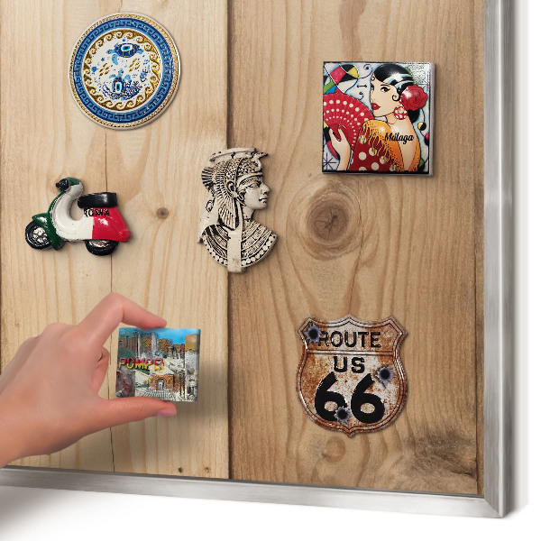 Souvenir magnet display board with a silver frame Wooden texture