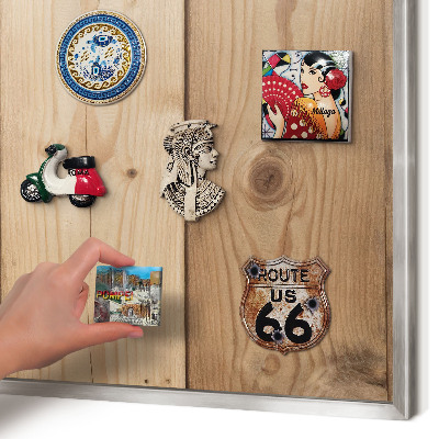 Souvenir magnet display board with a silver frame Wooden texture