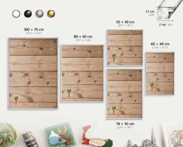 Souvenir magnet display board with a silver frame Wooden texture
