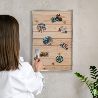 Printed magnet board in a silver frame Wooden pattern
