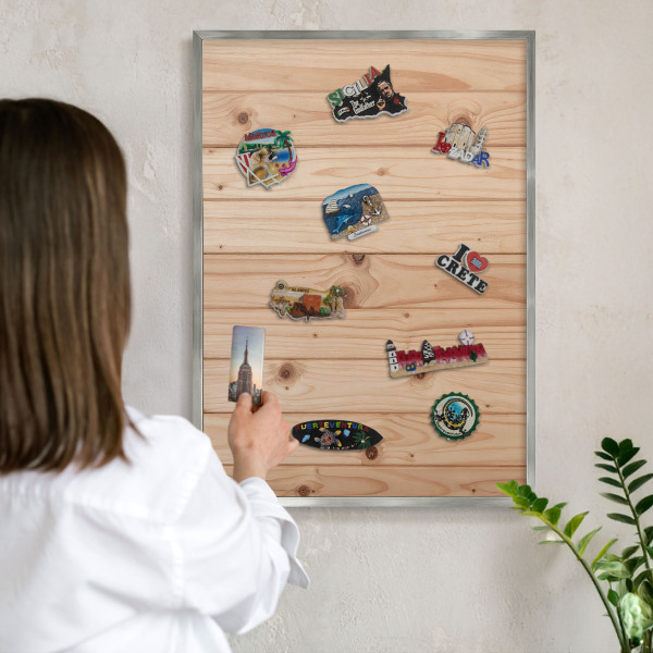Printed magnet board in a silver frame Wooden pattern