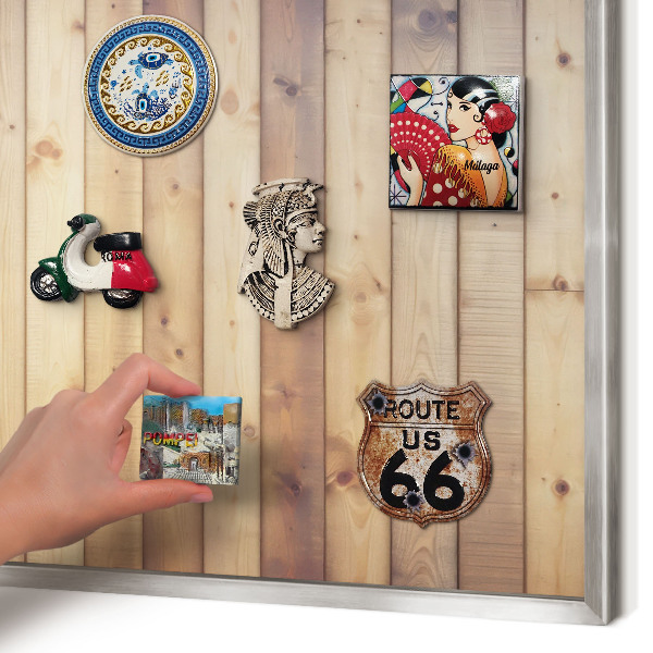 Souvenir magnet display board with a silver frame Wooden boards