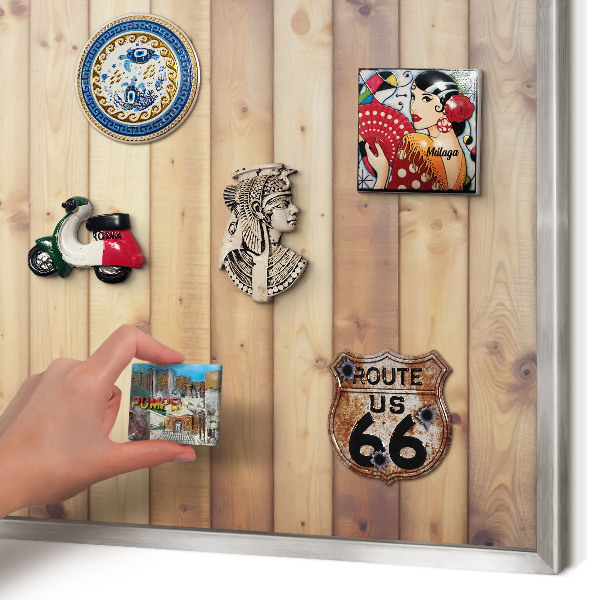 Souvenir magnet display board with a silver frame Wooden boards