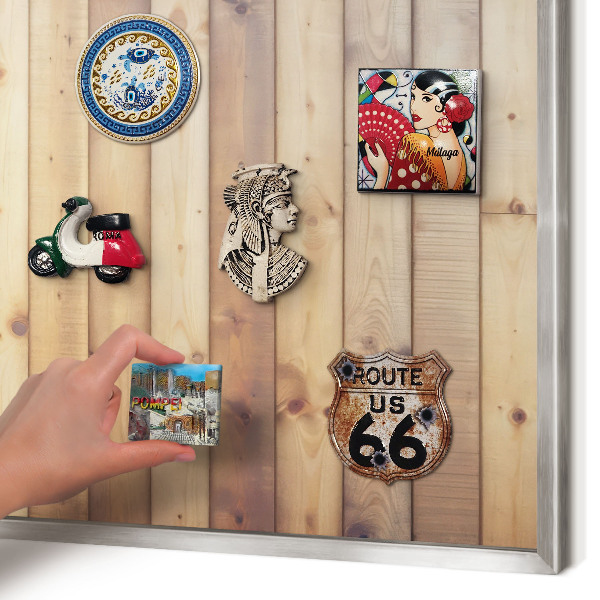 Souvenir magnet display board with a silver frame Wooden boards