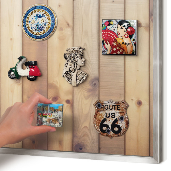 Souvenir magnet display board with a silver frame Wooden boards