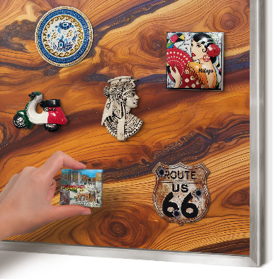 Souvenir magnet display board with a silver frame Wooden rings