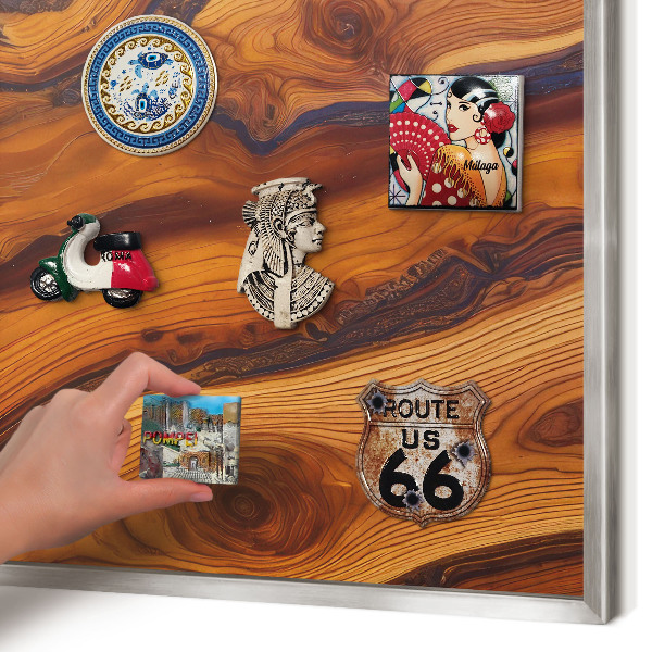 Souvenir magnet display board with a silver frame Wooden rings