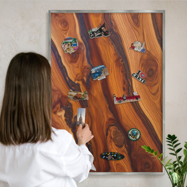 Souvenir magnet display board with a silver frame Wooden rings