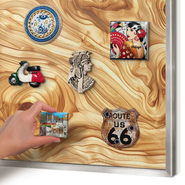 Printed magnet board in a silver frame Wooden texture