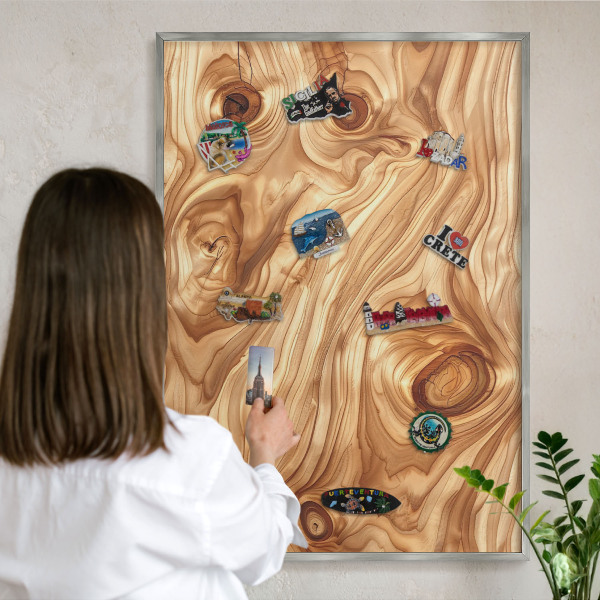 Printed magnet board in a silver frame Wooden texture