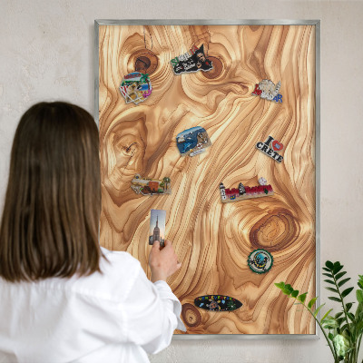 Printed magnet board in a silver frame Wooden texture