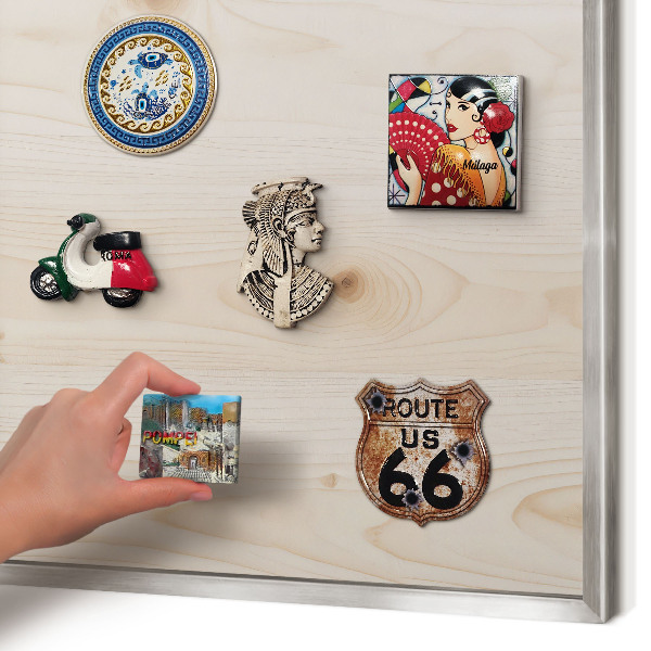 Souvenir magnet display board with a silver frame Wooden pattern