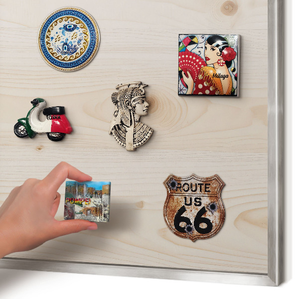Souvenir magnet display board with a silver frame Wooden pattern