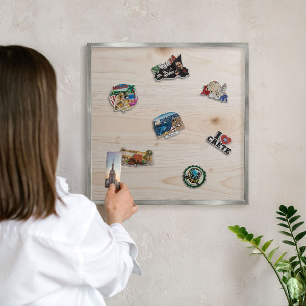 Souvenir magnet display board with a silver frame Wooden pattern