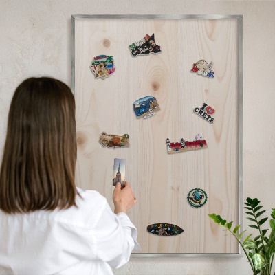 Souvenir magnet display board with a silver frame Wooden pattern