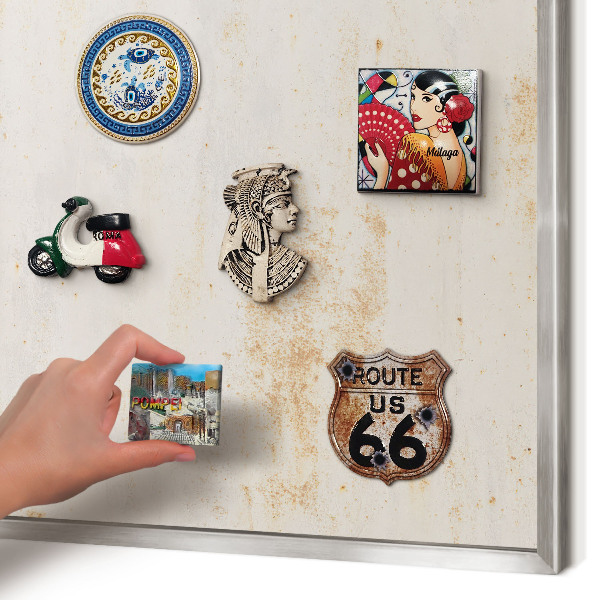 Souvenir magnet display board with a silver frame Rusty texture