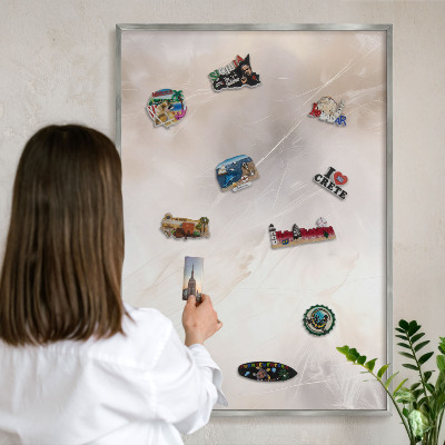 Souvenir magnet display board with a silver frame Soft lightness