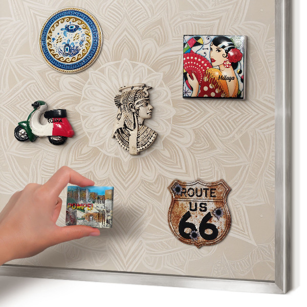 Souvenir magnet display board with a silver frame Mandala pattern