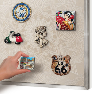 Souvenir magnet display board with a silver frame Mandala pattern