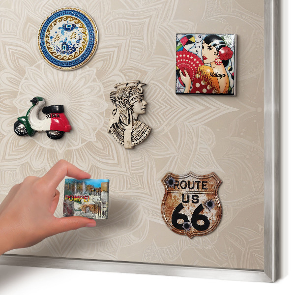 Souvenir magnet display board with a silver frame Mandala pattern