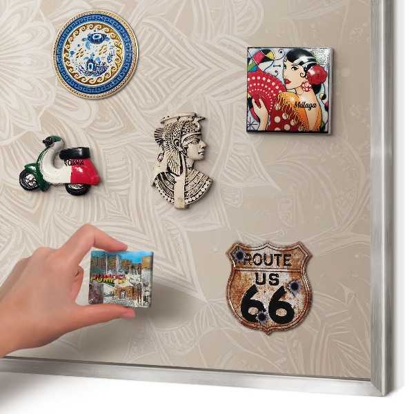 Souvenir magnet display board with a silver frame Mandala pattern