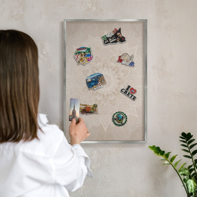 Souvenir magnet display board with a silver frame Mandala pattern