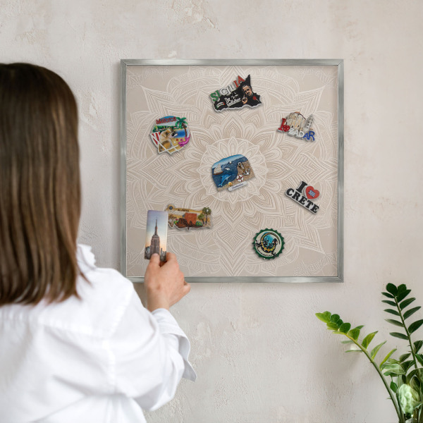 Souvenir magnet display board with a silver frame Mandala pattern