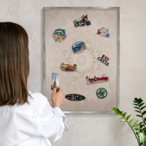 Souvenir magnet display board with a silver frame Mandala pattern
