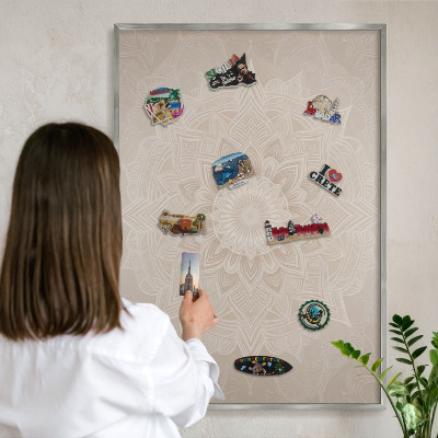 Souvenir magnet display board with a silver frame Mandala pattern