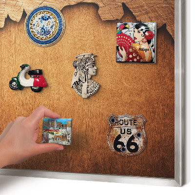 Souvenir magnet display board with a silver frame Wooden texture