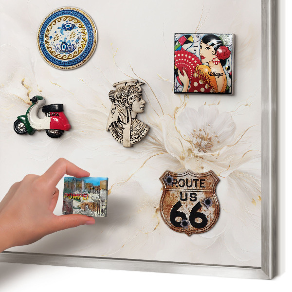 Souvenir magnet display board with a silver frame Floral elegance