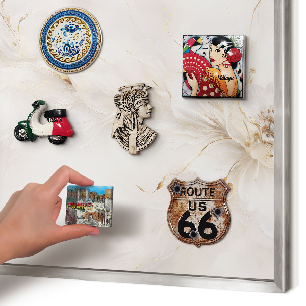 Souvenir magnet display board with a silver frame Floral elegance