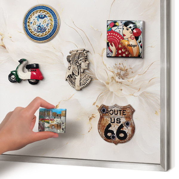 Souvenir magnet display board with a silver frame Floral elegance