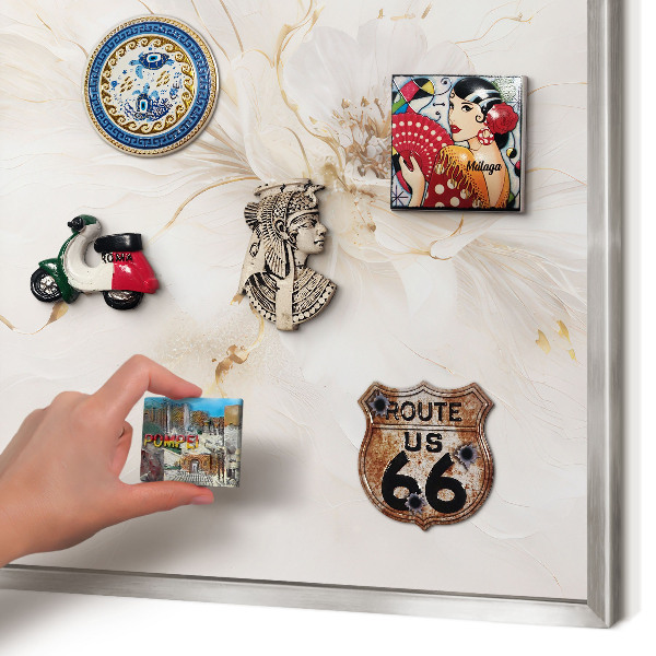 Souvenir magnet display board with a silver frame Floral elegance