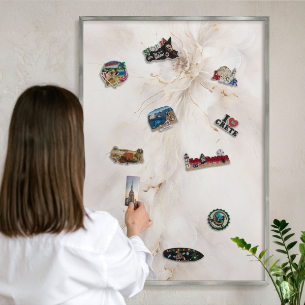 Souvenir magnet display board with a silver frame Floral elegance