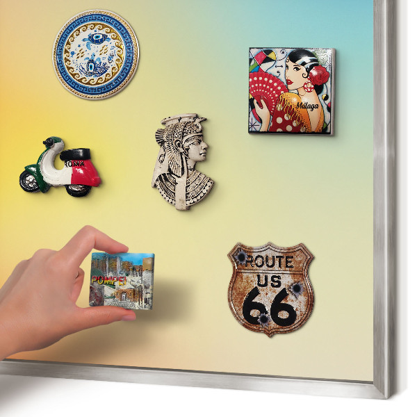 Souvenir magnet display board with a silver frame Color transition