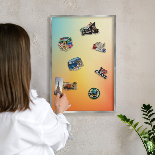 Souvenir magnet display board with a silver frame Color transition