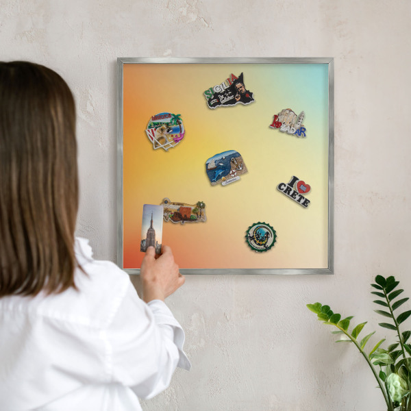 Souvenir magnet display board with a silver frame Color transition