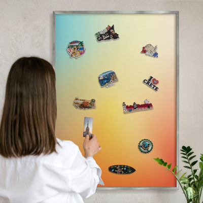Souvenir magnet display board with a silver frame Color transition