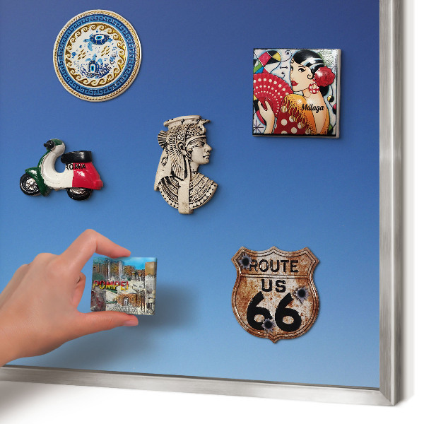 Souvenir magnet display board with a silver frame Blue gradients
