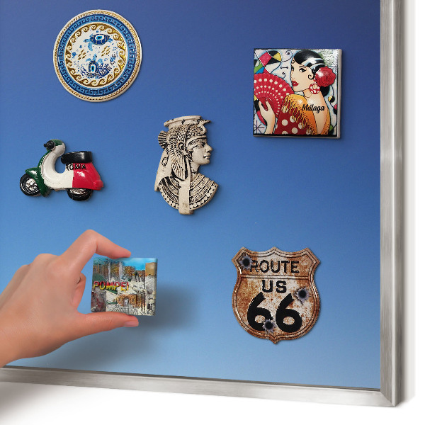 Souvenir magnet display board with a silver frame Blue gradients