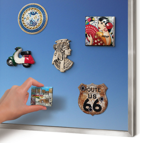 Souvenir magnet display board with a silver frame Blue gradients