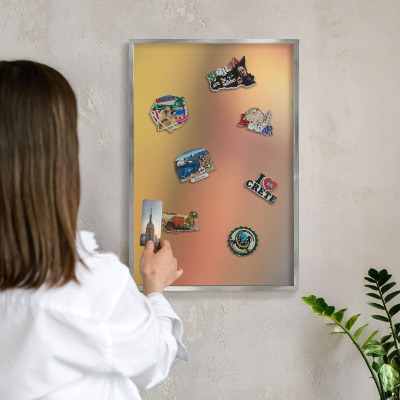 Souvenir magnet display board with a silver frame Colorful glow