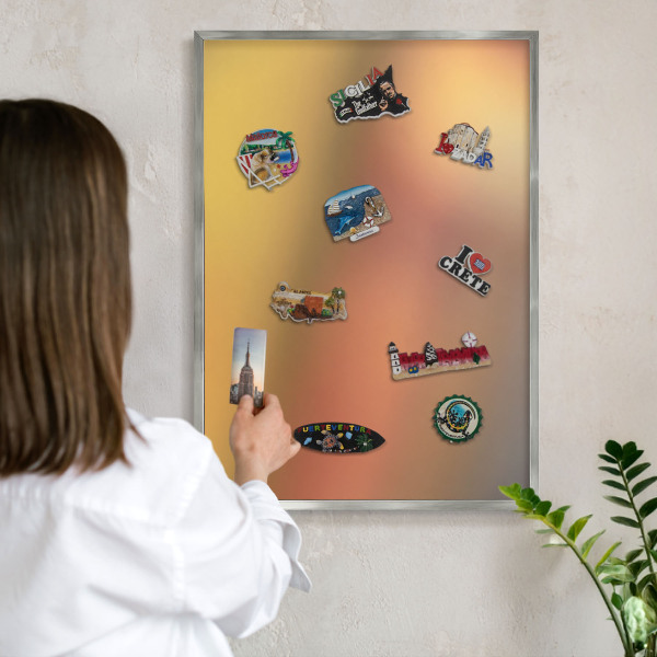 Souvenir magnet display board with a silver frame Colorful glow